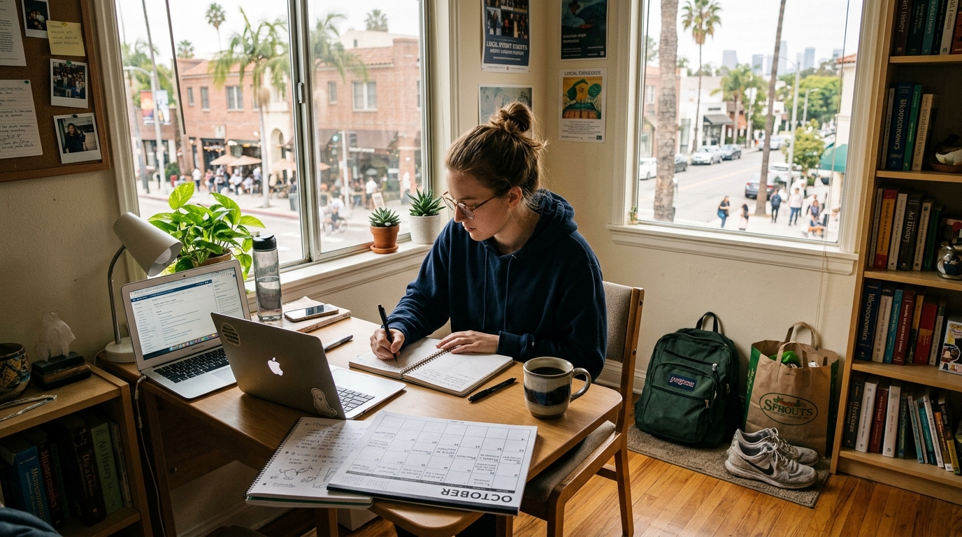 Student planning classes, study time, errands, and city life in Westwood