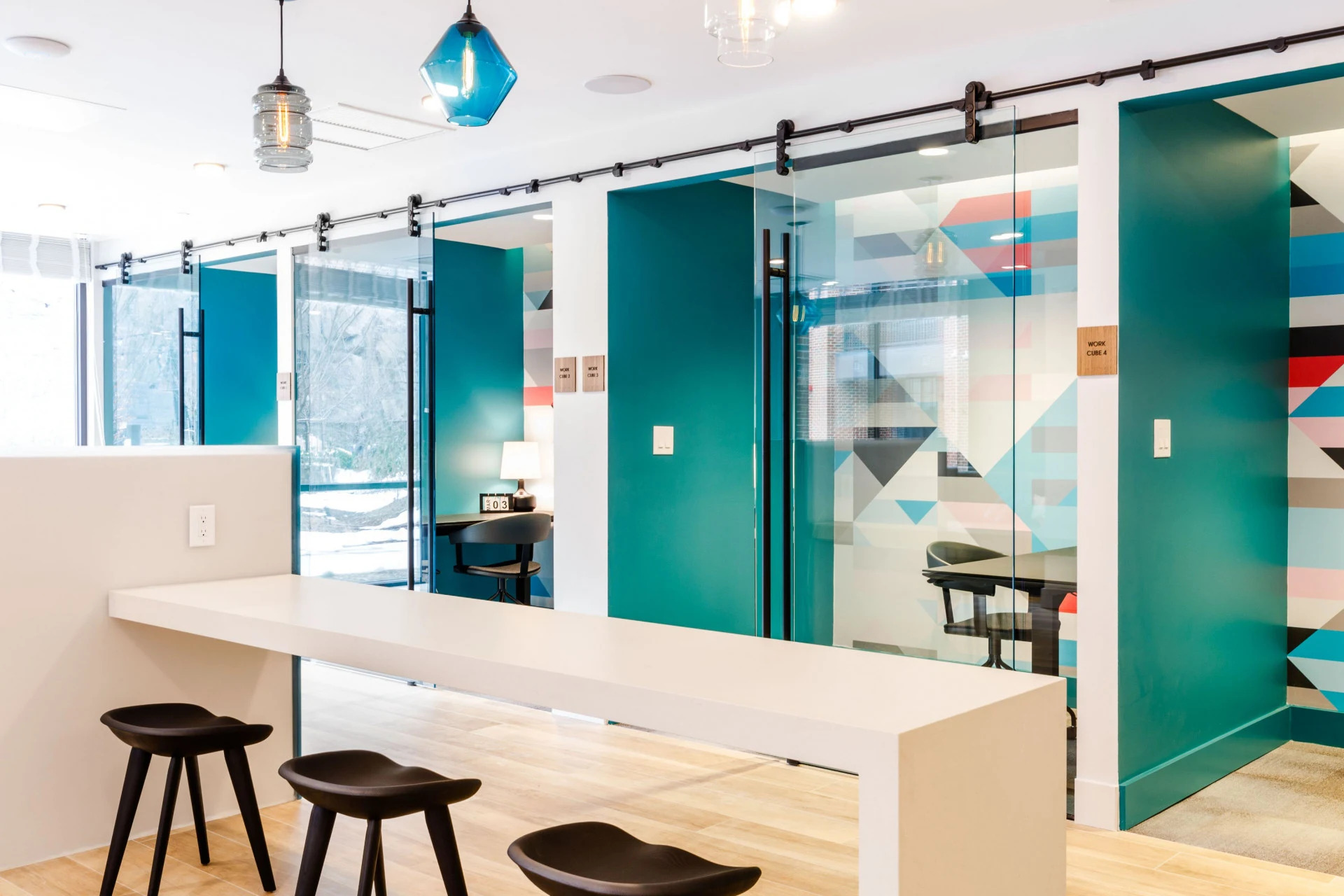 work pods in the co-working lounges at One Ten