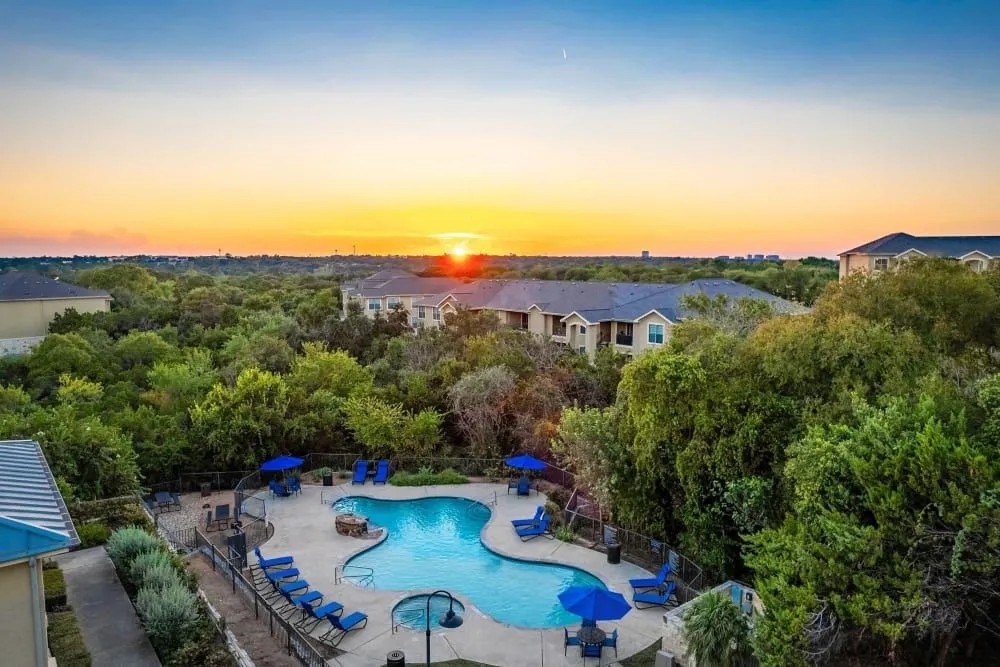 The ariel view of the exterior of Canyon Vistas Apartments in Austin, TX.