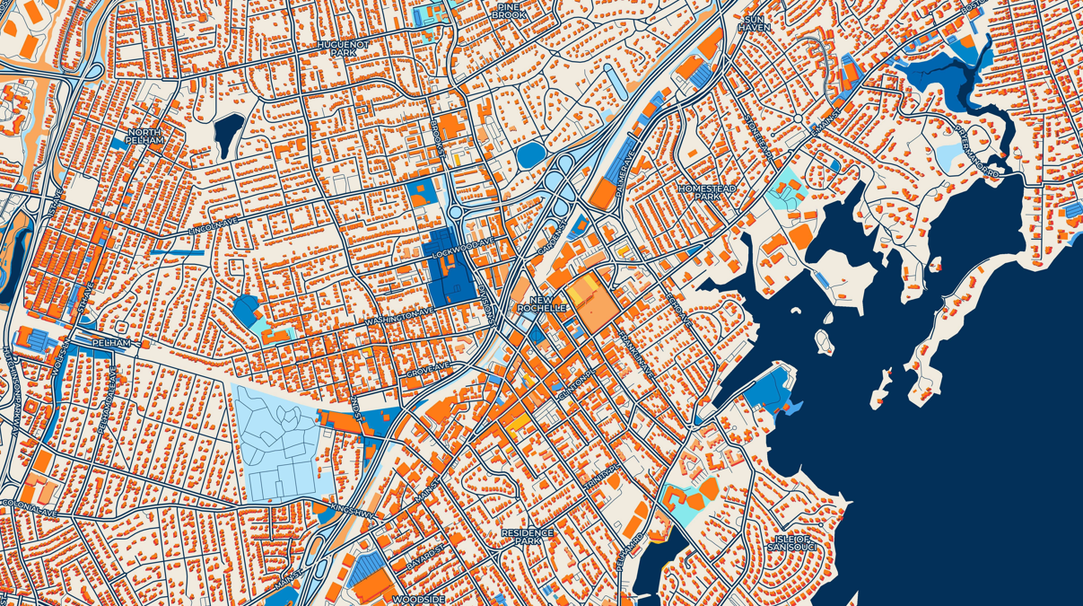 An orange and blue stylized graphic map illustrating the streets, coastal areas, and neighborhood blocks of New Rochelle, New York.