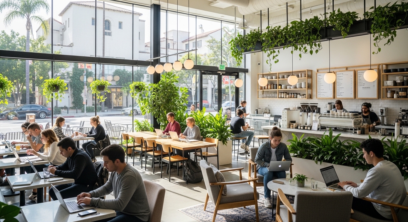 Students studying inside a cozy coffee shop in Westwood Village near UCLA