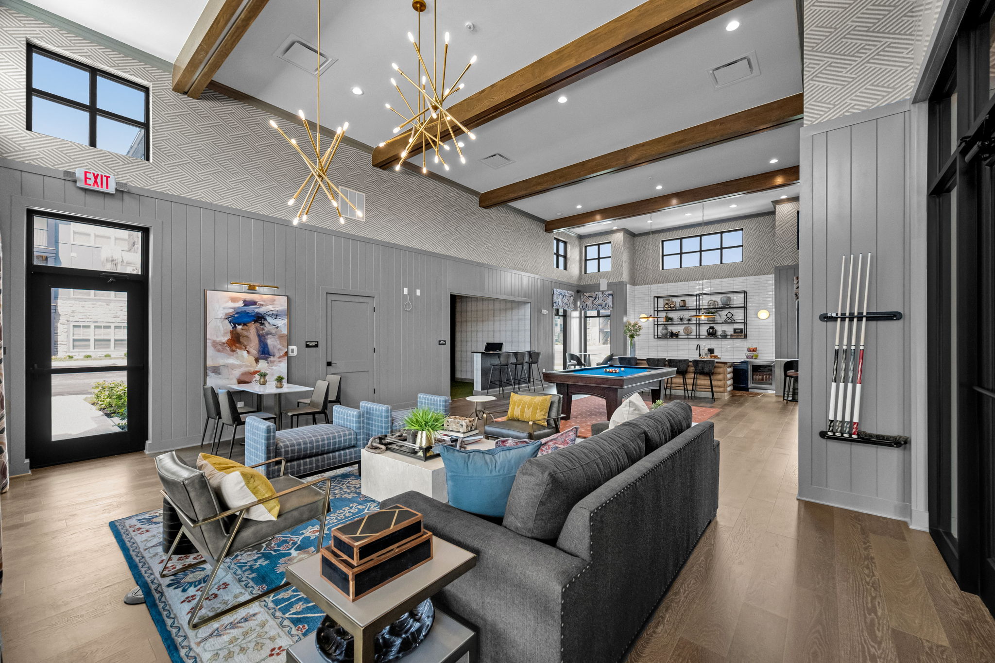 Copper Run apartments clubhouse with modern lounge seating, game area, and community gathering space in Marysville Ohio.