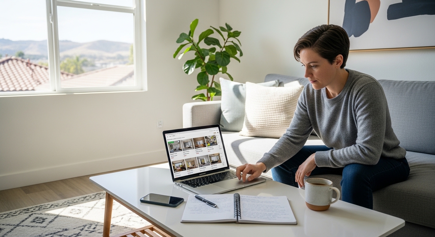 Person searching for apartments for rent in Newhall CA on a laptop at home