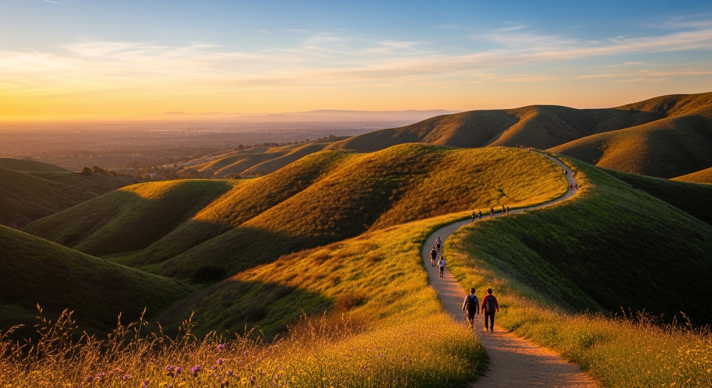 Hikers walking through Upper Las Virgenes Canyon trail near Warner Center in the San Fernando Valley.