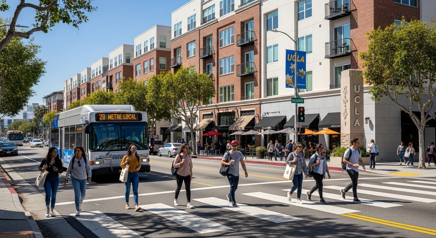 Pedestrians walking near a Culver City Metro E Line station with a nearby bus stop.