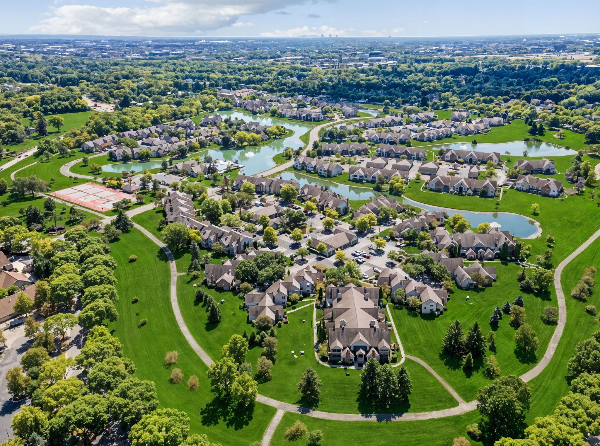 Aerial view of Asherton of Dublin apartment and townhome community with scenic lakes and landscaped green space in Dublin, Ohio.