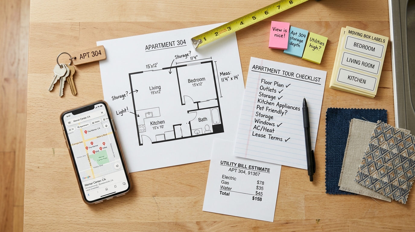 Apartment search checklist with floor plan, keys, measuring tape, and moving notes.