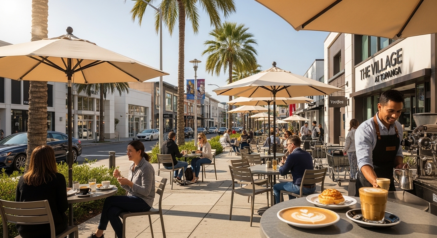 Outdoor café scene at Warner Center Los Angeles showing people enjoying coffee and pastries under sunny skies