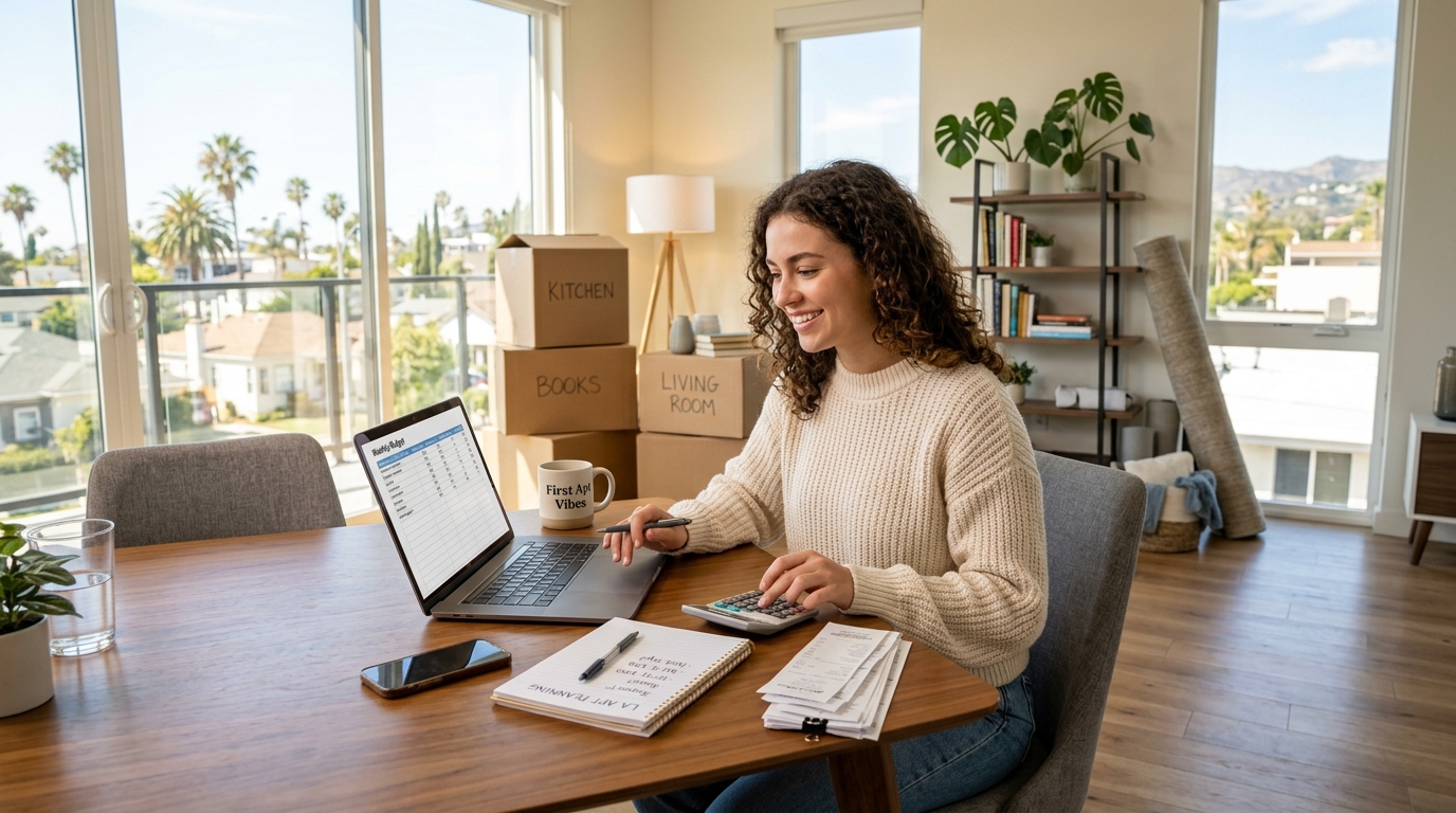 First-time renter budgeting for rent, utilities, and move-in costs in a Los Angeles apartment