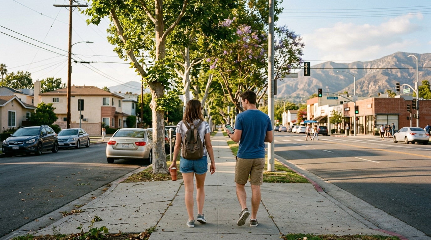 Couple walking along a residential street in Granada Hills