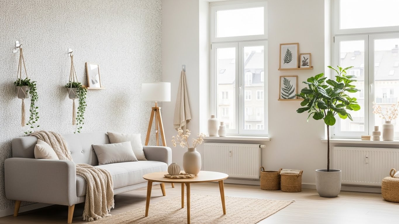 Bright apartment interior with natural light and uncluttered surfaces, showing simple renter-friendly apartment refresh ideas for 2026.