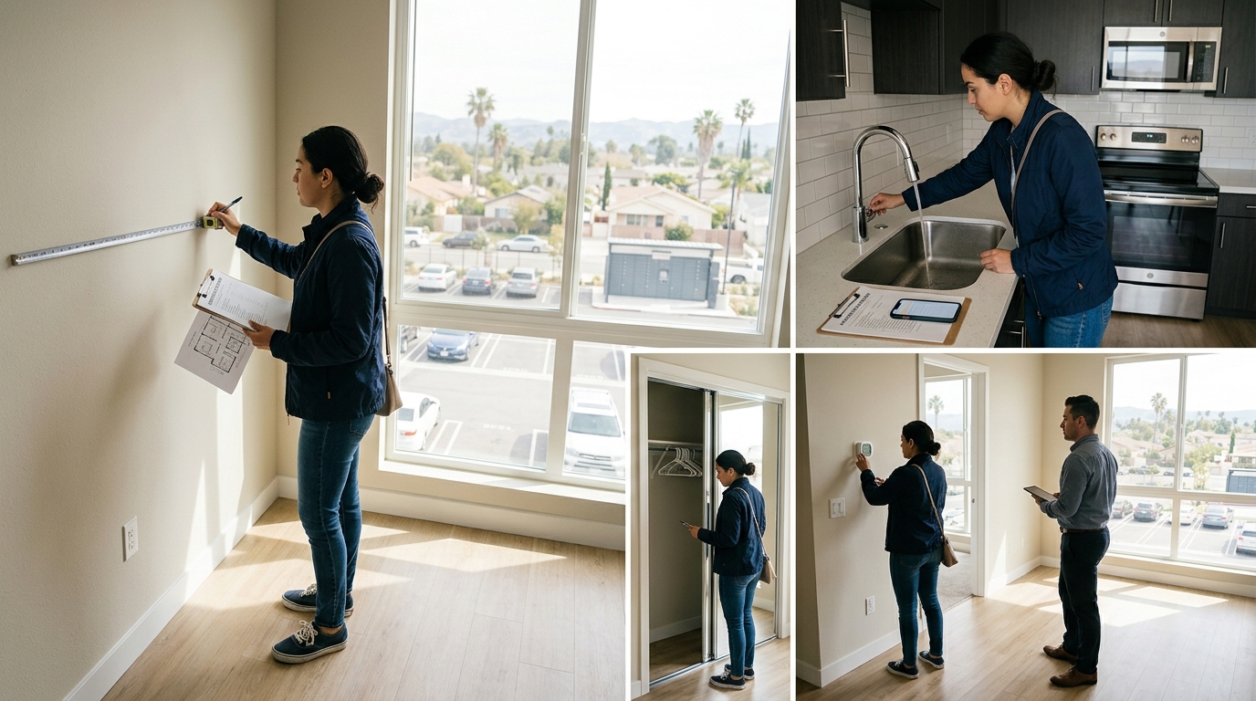 Renter using a checklist and tape measure during a Los Angeles apartment tour