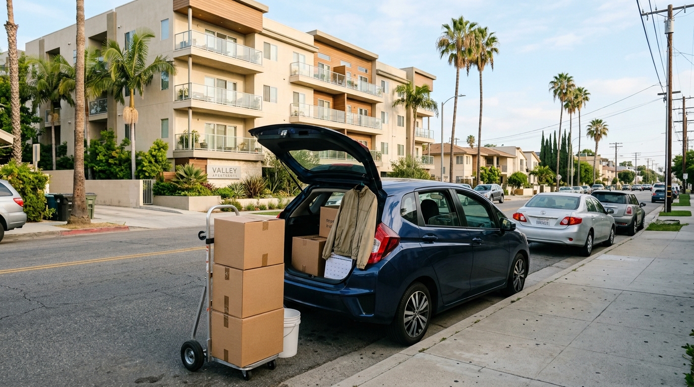 Moving boxes and apartment keys outside a Los Angeles rental building