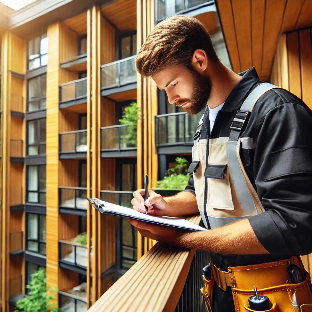 A licensed professional conducting a thorough inspection of a multifamily building's balcony to ensure safety and compliance with California law.