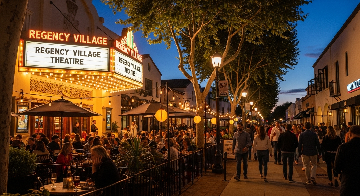 Evening view of Westwood Village Los Angeles with people dining outdoors and the historic Regency Village Theatre lit up