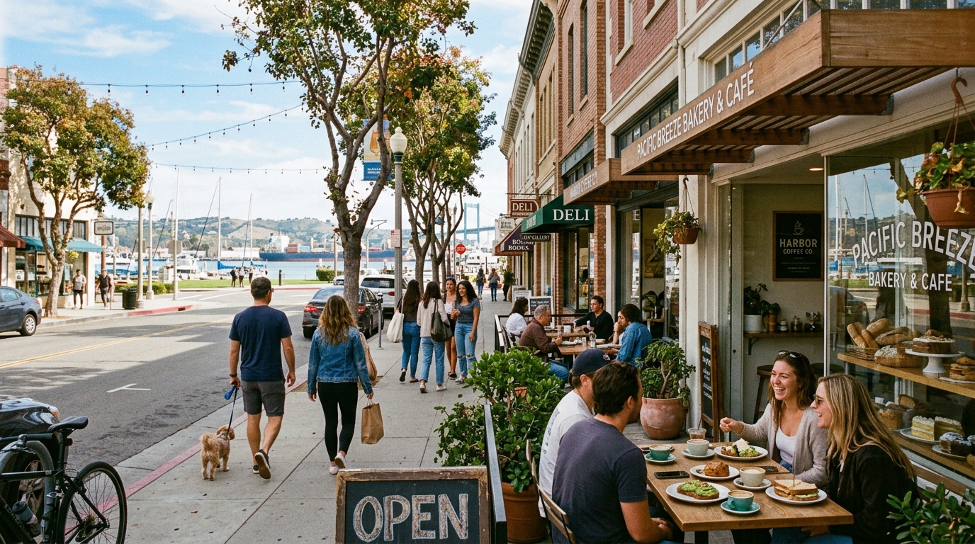 People walking near coffee shops, cafes, restaurants, and harbor-area dining in Downtown San Pedro.