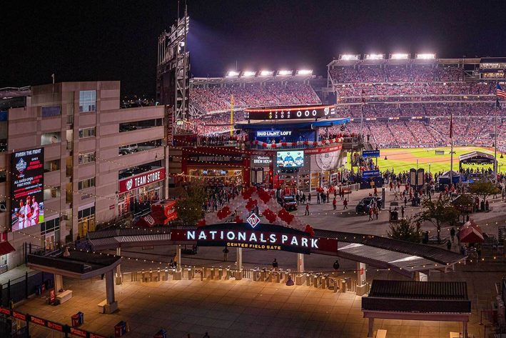 Nationals Park at night in the Navy Yard neighborhood of Washington, DC