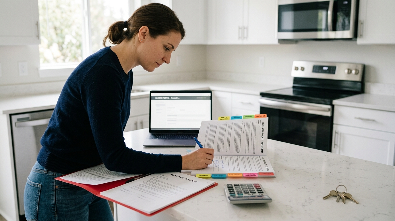 Renter reviewing apartment lease sections and addenda before signing