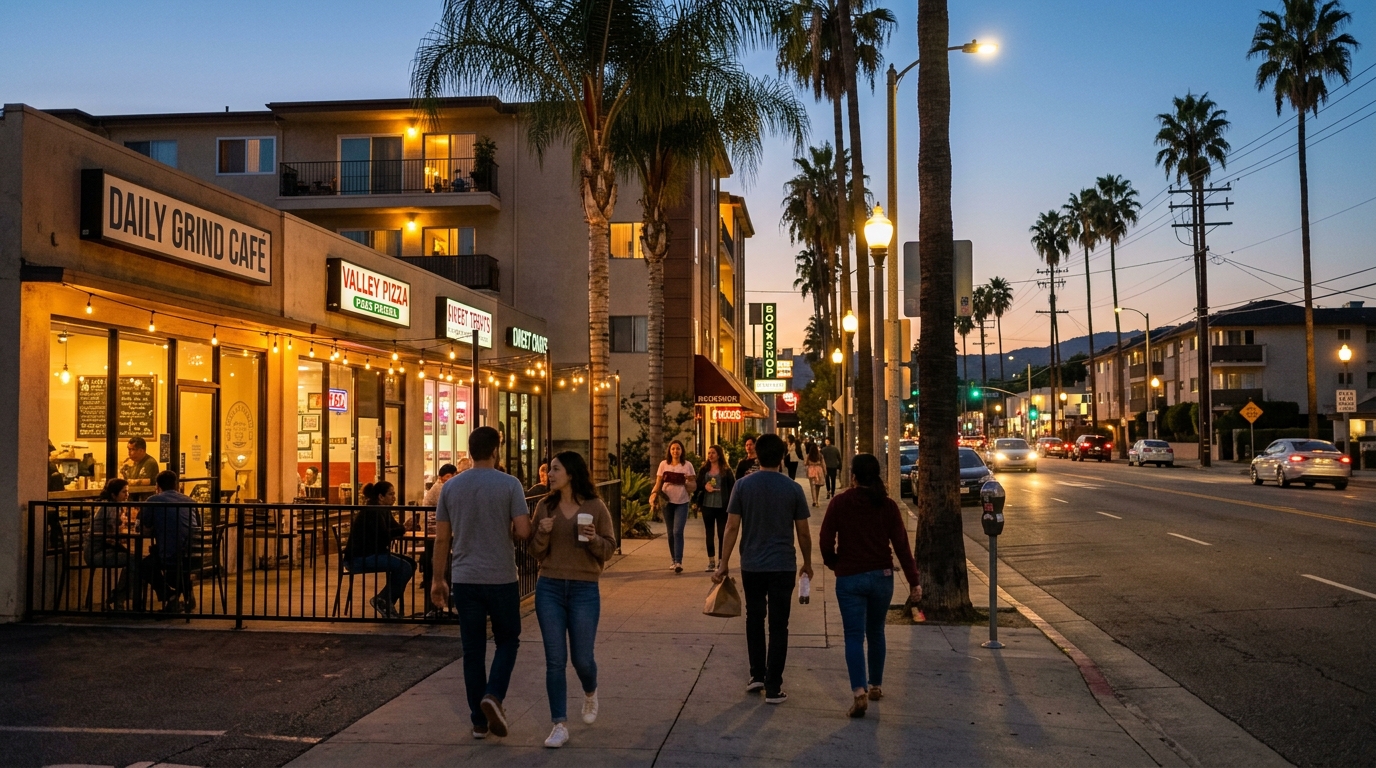 Evening lifestyle scene on Reseda Boulevard near apartments, restaurants, and local hangouts.