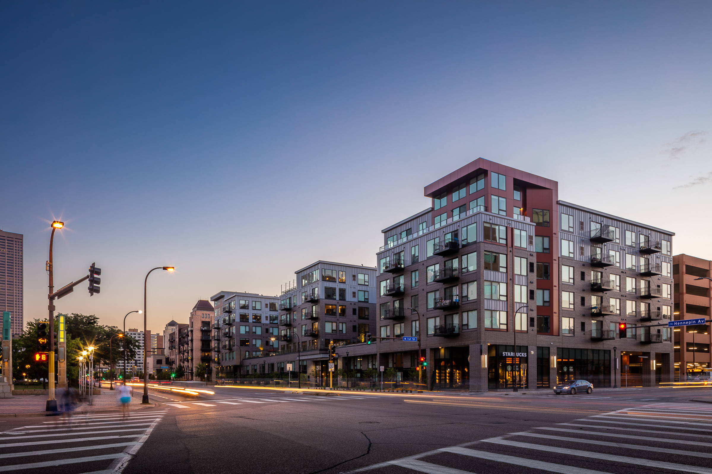 The exterior of Maverick Apartments in Minneapolis, MN.