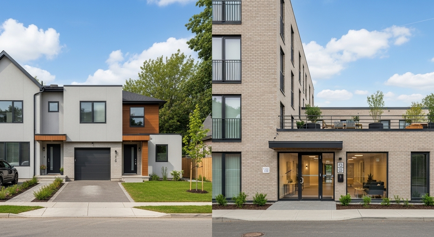 Townhome and apartment exteriors showing different living styles