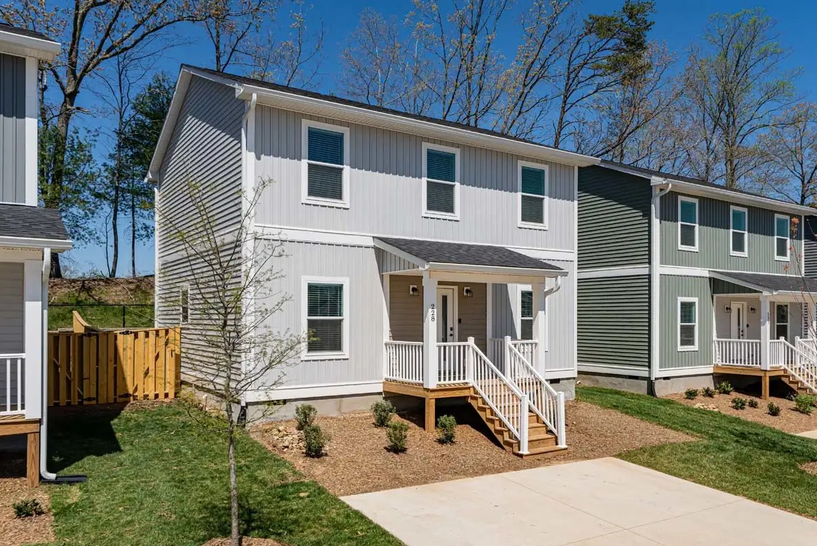 Row of new construction two-story rental homes at Belle Meadow in Asheville, NC.