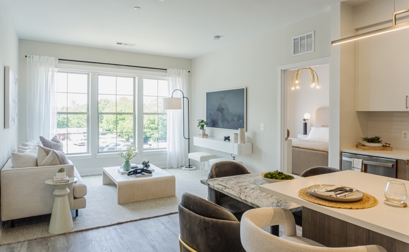 A photo looking from the kitchen into the living room of an apartment that is furnished and decorated.