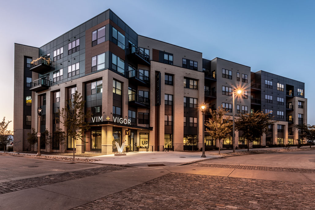 The exterior entryway of Vim + Vigor Apartment Homes in Milwaukee, WI.