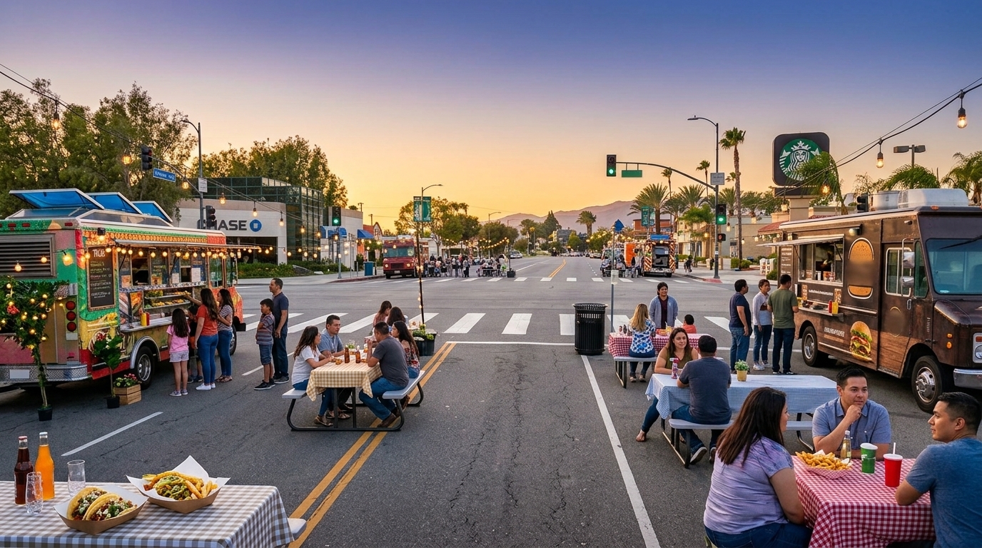 Friday evening food truck gathering near Chatsworth Street and Zelzah Avenue in Granada Hills.