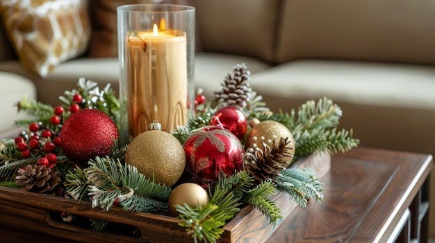 Festive holiday centerpiece on a wooden coffee table, featuring a lit gold candle, pine, red and gold ornaments, and berries.
