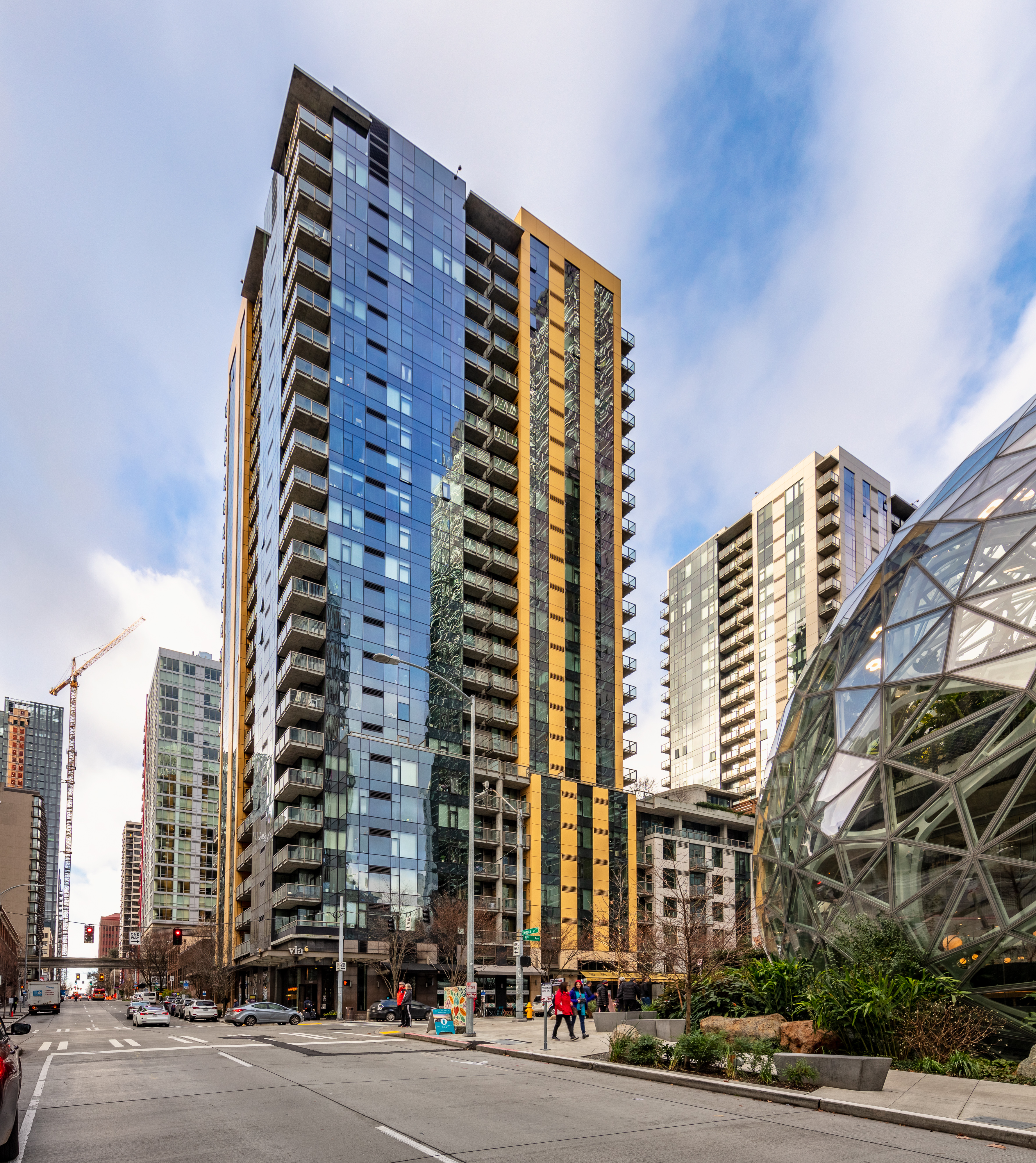 The exterior building of Via6 Apartments in Downtown Seattle, WA.