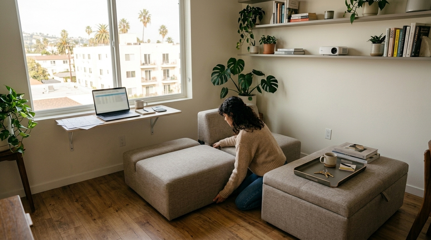 Renter arranging space-saving furniture in a bright Westwood apartment living room.
