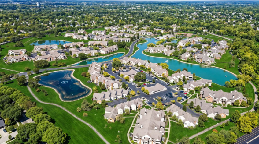 Aerial view of Asherton of Dublin showcasing scenic lakes, beautifully landscaped grounds, and spacious apartment homes.