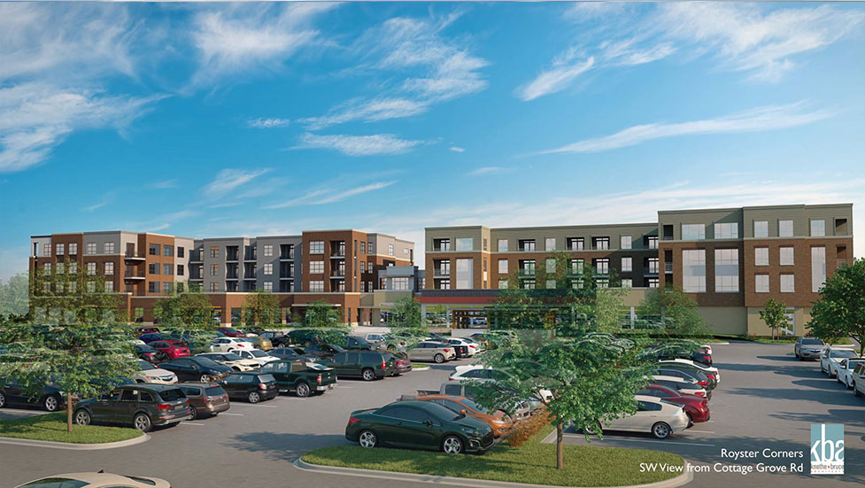 The exterior view of Royster Commons Apartments in Madison, WI.
