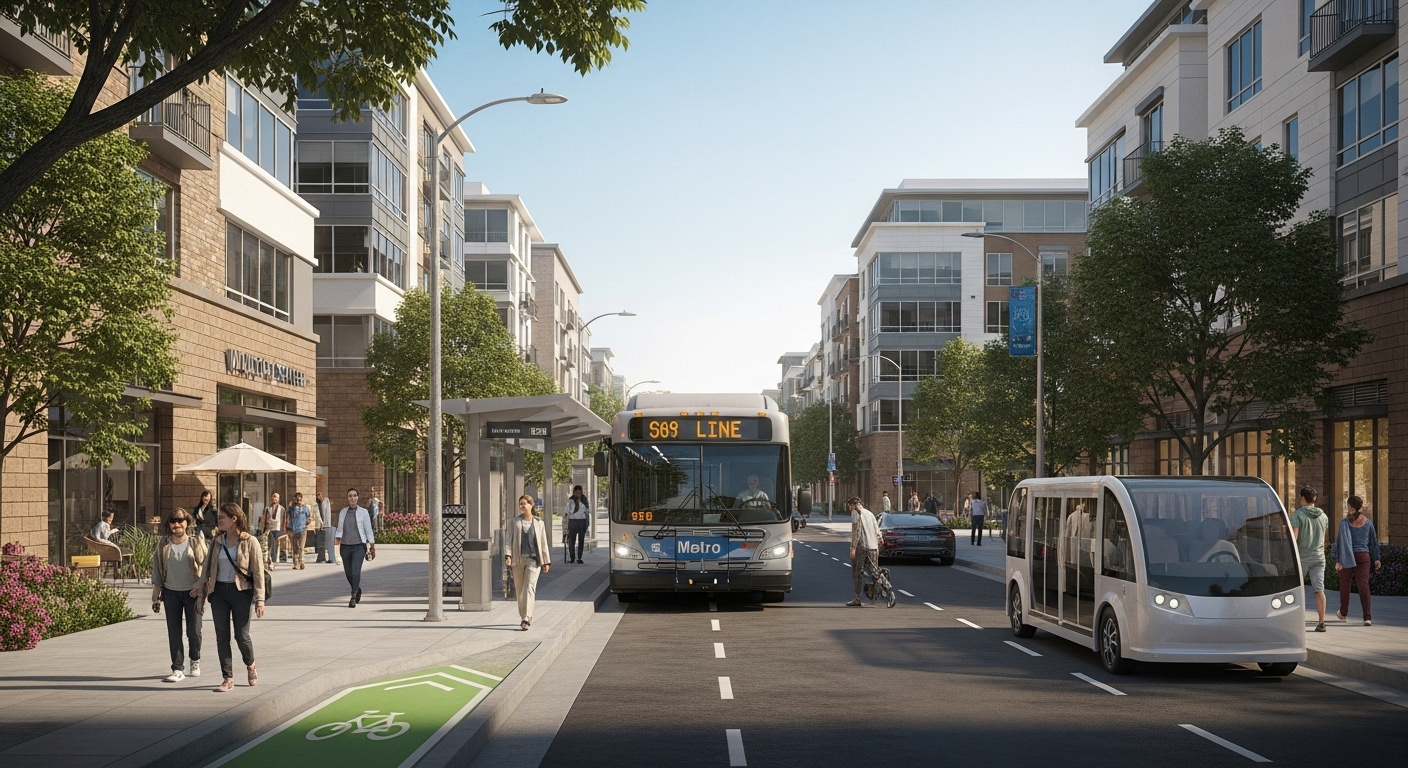 Metro G Line bus, electric shuttle, and walkable streets in Warner Center CA