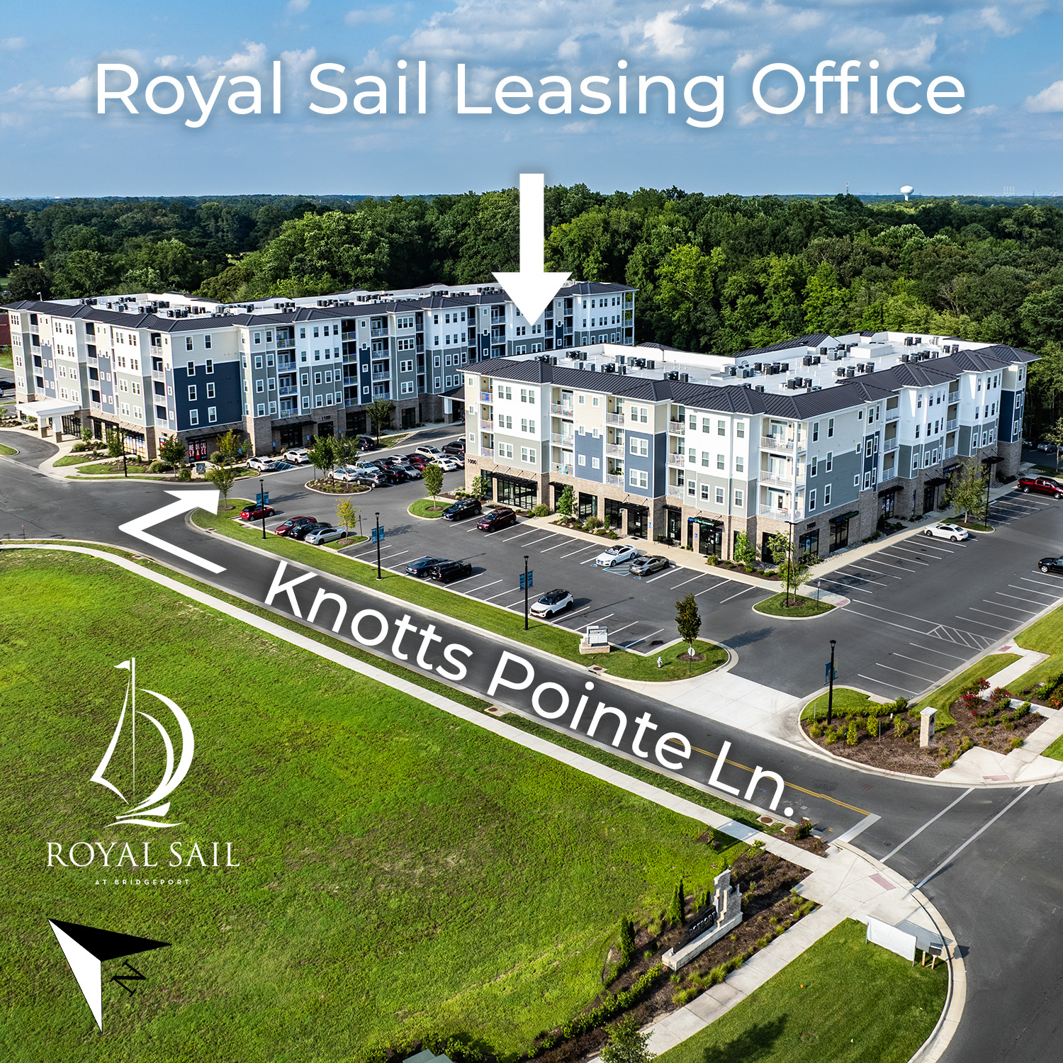A graphic showing with arrows where in the B building the Royal Sail Leasing Office is located. This is for driving directions.