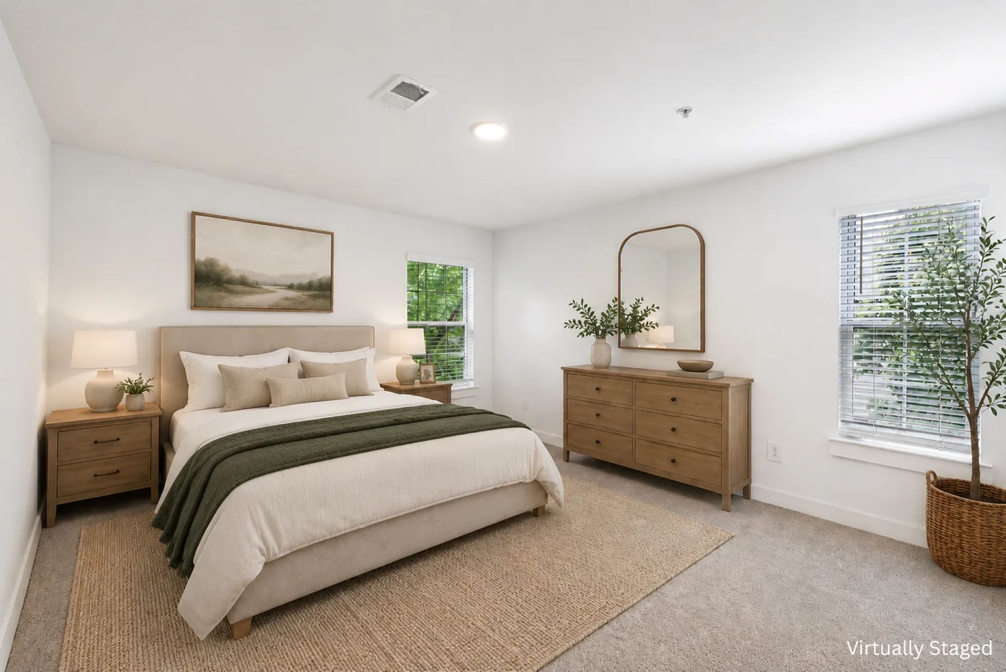 A virtually staged apartment bedroom featuring a neutral bed, wooden dresser with an arch mirror, and area rug.