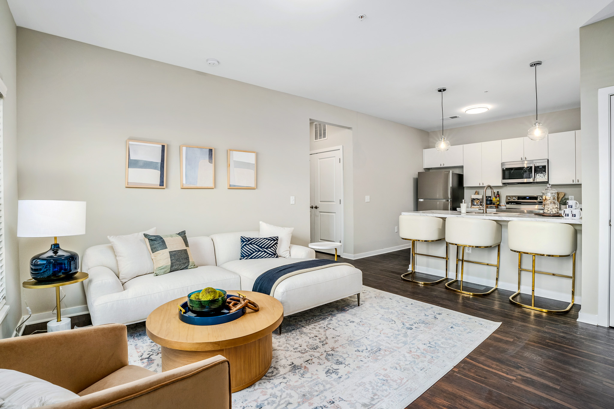 Bright, open-concept apartment living room and kitchen at Northstar Flats featuring stainless steel appliances, white cabinetry, modern finishes, and natural light.