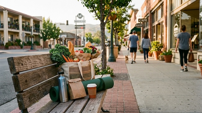 Grocery bag, yoga mat, and coffee near walkable shops in Old Town Newhall
