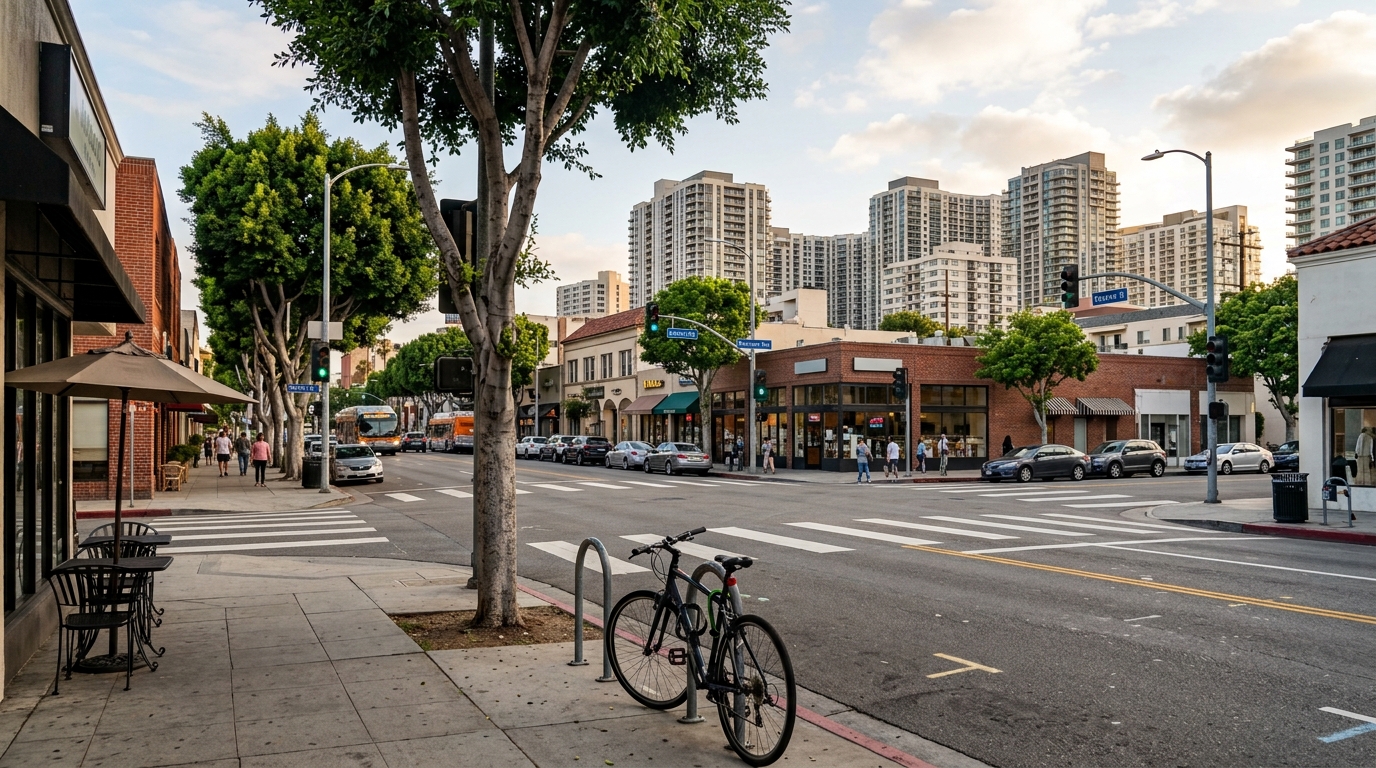 Street-level view of Westwood Village and the Wilshire Corridor in Los Angeles