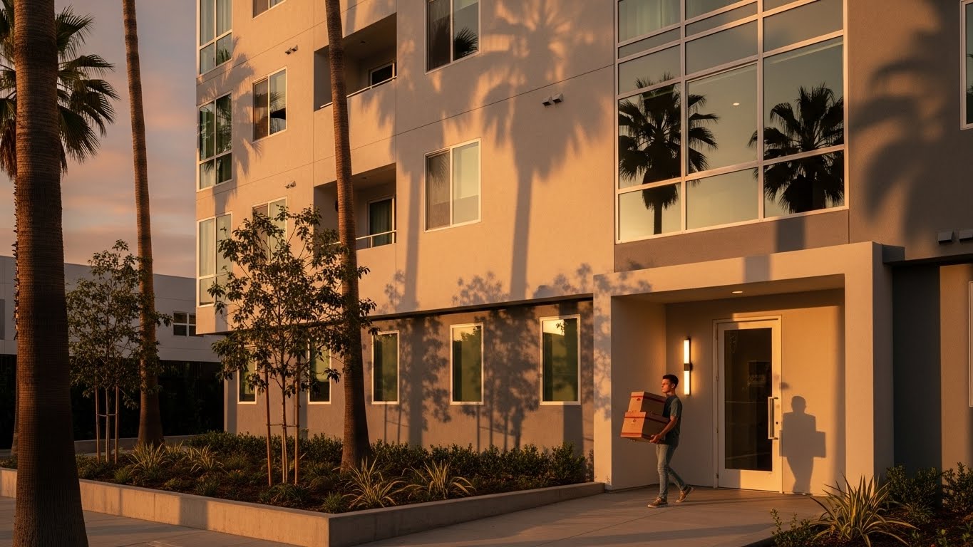 Renter carrying moving boxes outside a modern Los Angeles apartment building during move-in.