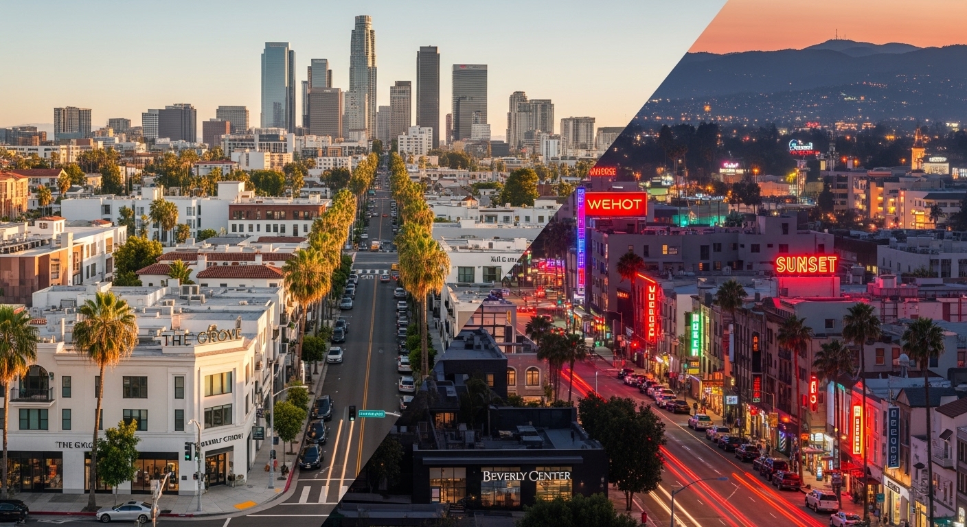 Split-view of Beverly Grove’s calm residential streets and West Hollywood’s vibrant nightlife skyline near the Sunset Strip, showcasing two popular Los Angeles neighborhoods.