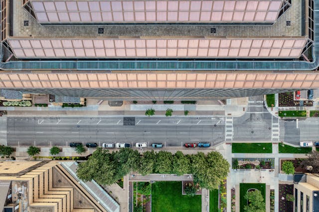 Drone image of Mayo Clinic in Rochester MN apartments Lodge at Overland provides lodging near Mayo Clinic Rochester MN