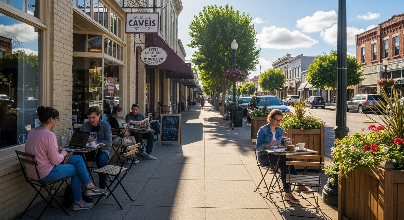 Morning cafe scene in Old Town Newhall showing walkable coffee shops and outdoor seating