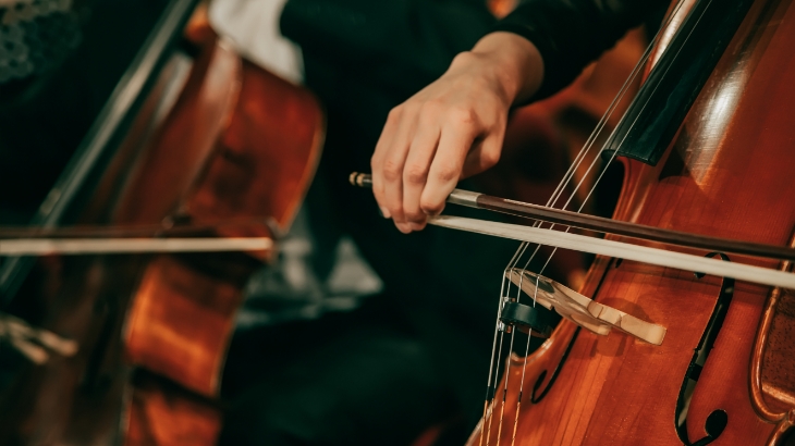 closeup of two people playing cello