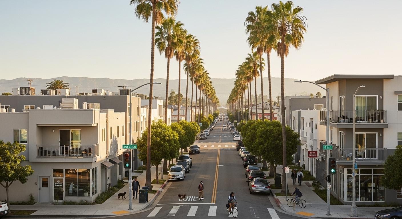 Modern street scene in Van Nuys CA with palm trees, low-rise apartments, local shops, pedestrians, and a sunny San Fernando Valley atmosphere.