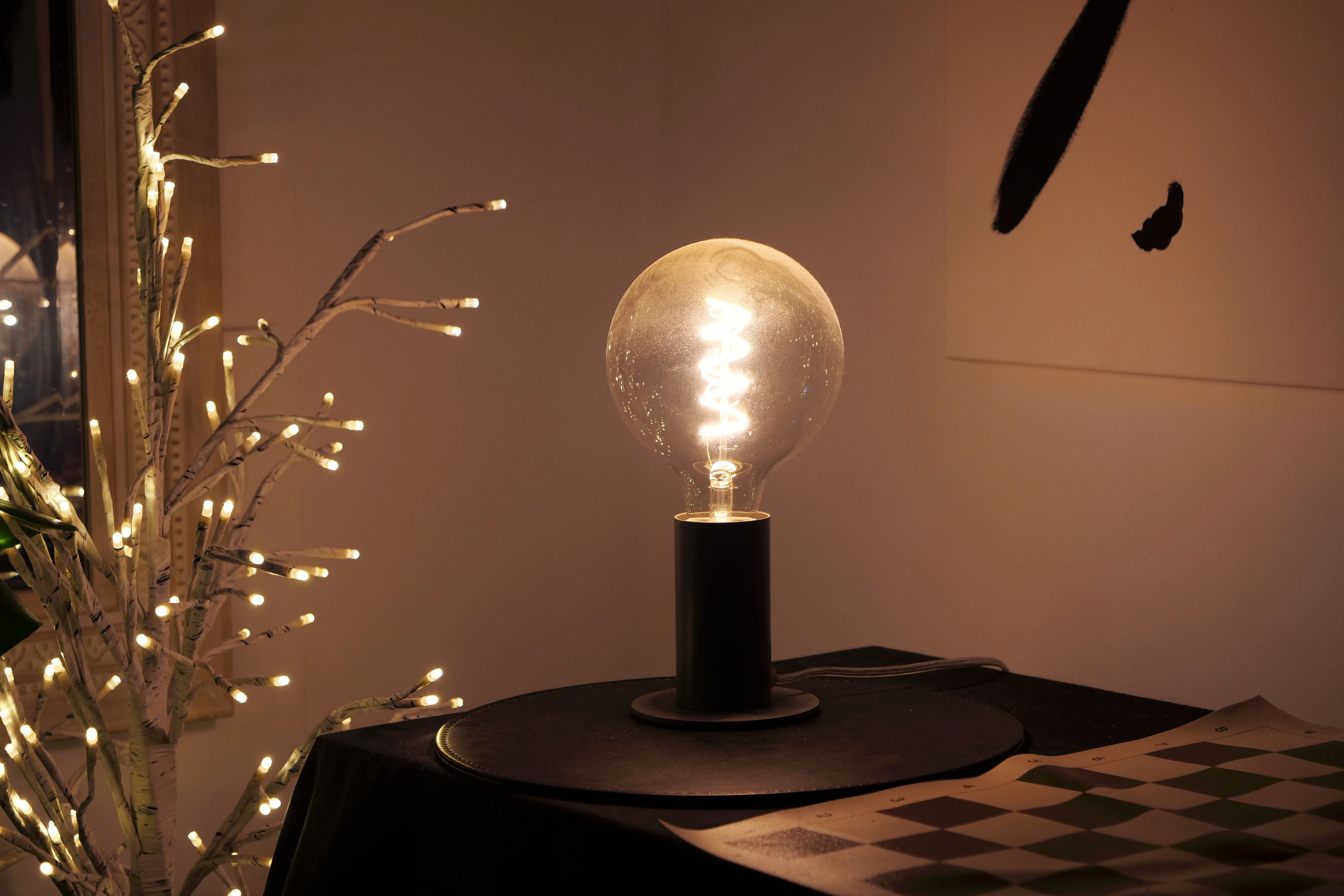 A decorative round filament bulb glowing on a table beside an illuminated branch tree in a cozy room at night.