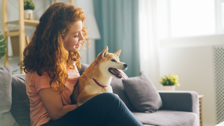 woman sitting on a couch with her pet dog woman sitting on a couch with her pet dog
