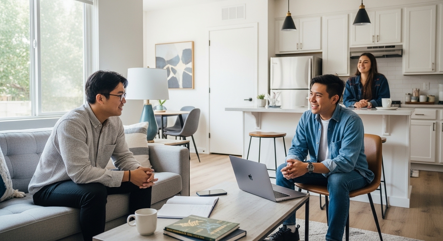 UCLA roommates relaxing in a modern shared Westwood apartment with natural light, cozy furniture, and a friendly, comfortable atmosphere