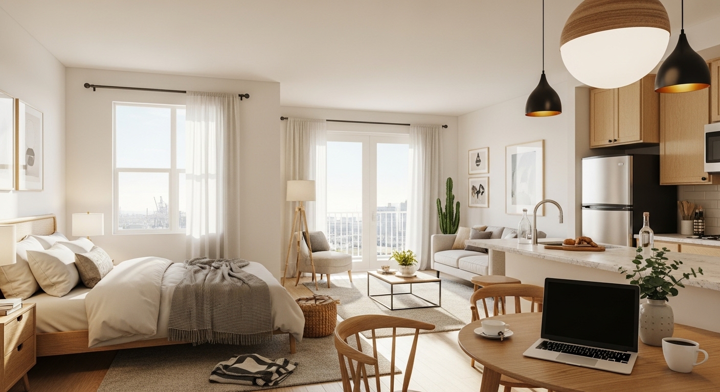Modern studio apartment in San Pedro with sunlight, open layout, and coastal-inspired décor near the LA Waterfront at Thrive on 5th Apartments.